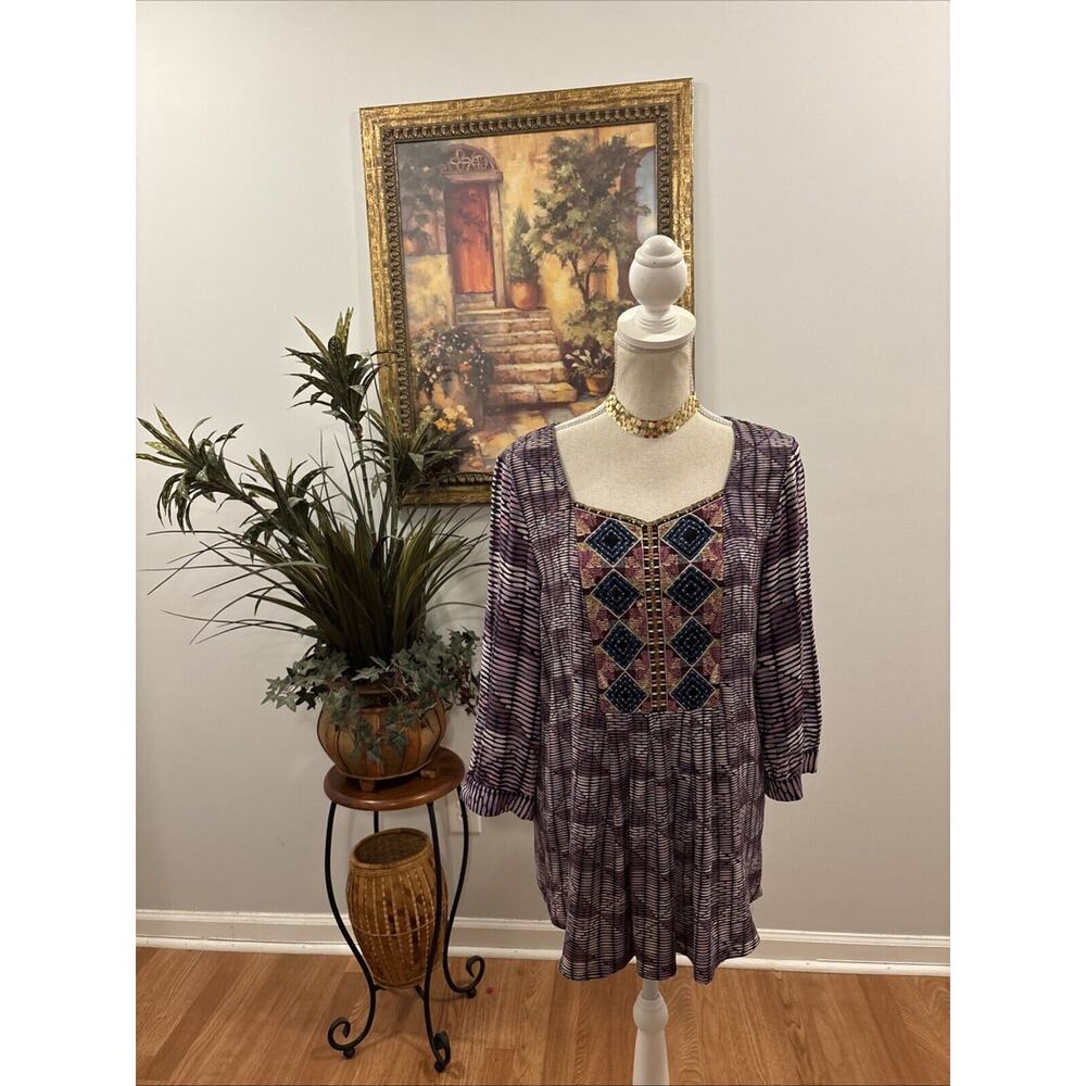 Soft Surroundings Women Size XS 3/4 Sleeve Tunic Top Square Neck Embroidered